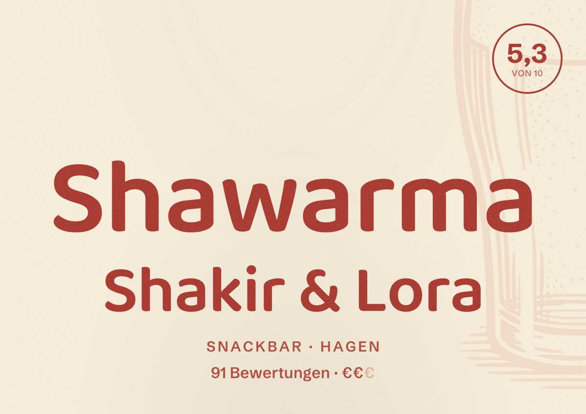Illustriertes Poster von Shawarma Shakir & Lora, Snackbar in Hagen: Bewertung 5,3 von 10 aus 91 Bewertungen, Preisniveau €€