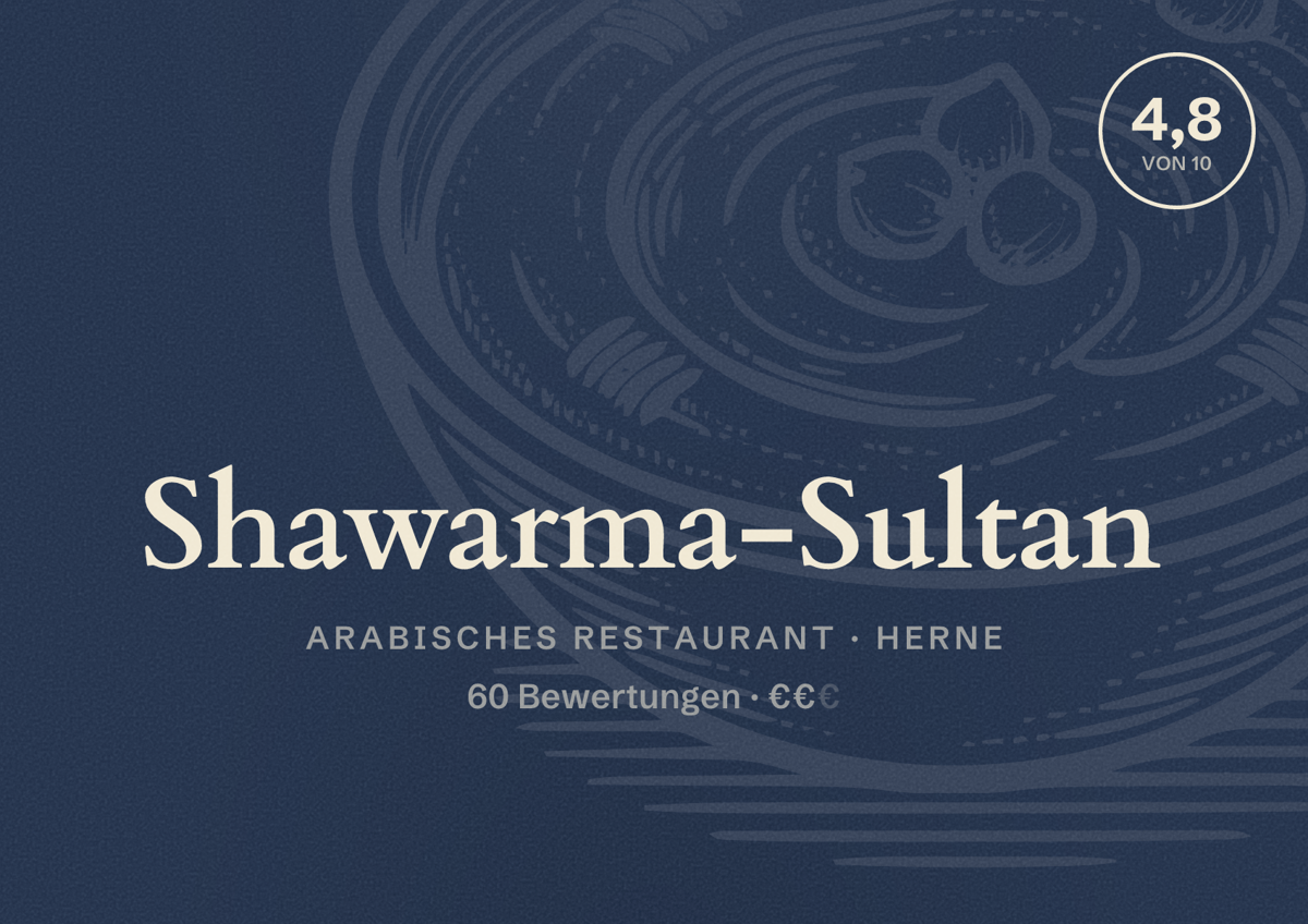 Illustriertes Poster von Shawarma-Sultan, Arabisches Restaurant in Herne: Bewertung 4,8 von 10 aus 60 Bewertungen, Preisniveau €€