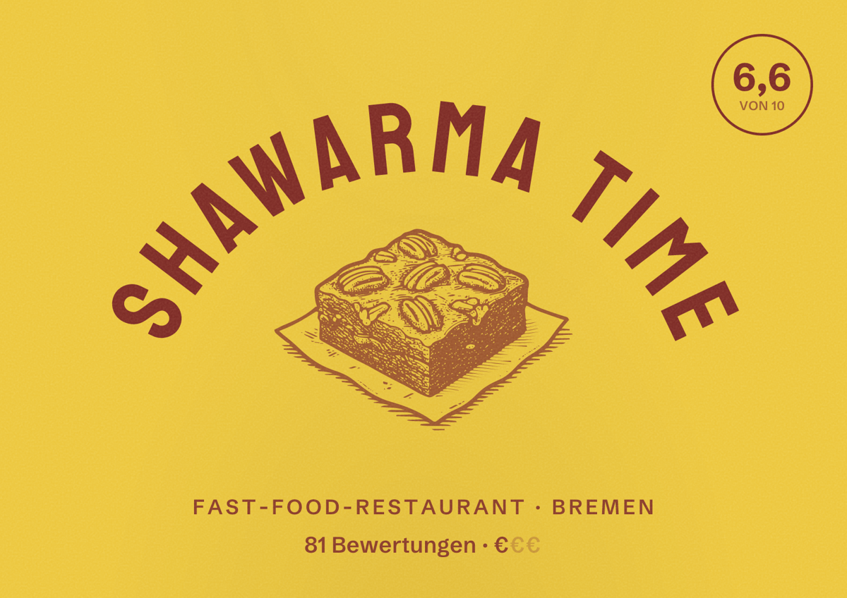 Illustriertes Poster von Shawarma Time, Fast-Food-Restaurant in Bremen: Bewertung 6,6 von 10 aus 81 Bewertungen, Preisniveau €