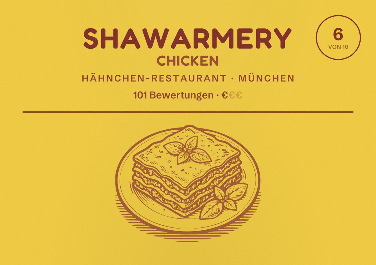Illustriertes Poster von Shawarmery Chicken, Hähnchen-Restaurant in München: Bewertung 6,0 von 10 aus 101 Bewertungen, Preisniveau €