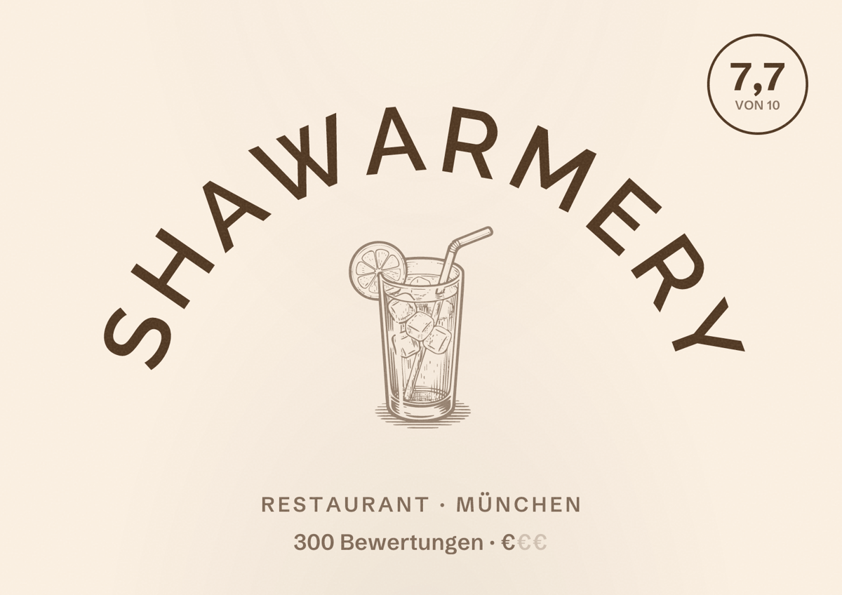 Illustriertes Poster von Shawarmery, Restaurant in München: Bewertung 7,7 von 10 aus 300 Bewertungen, Preisniveau €