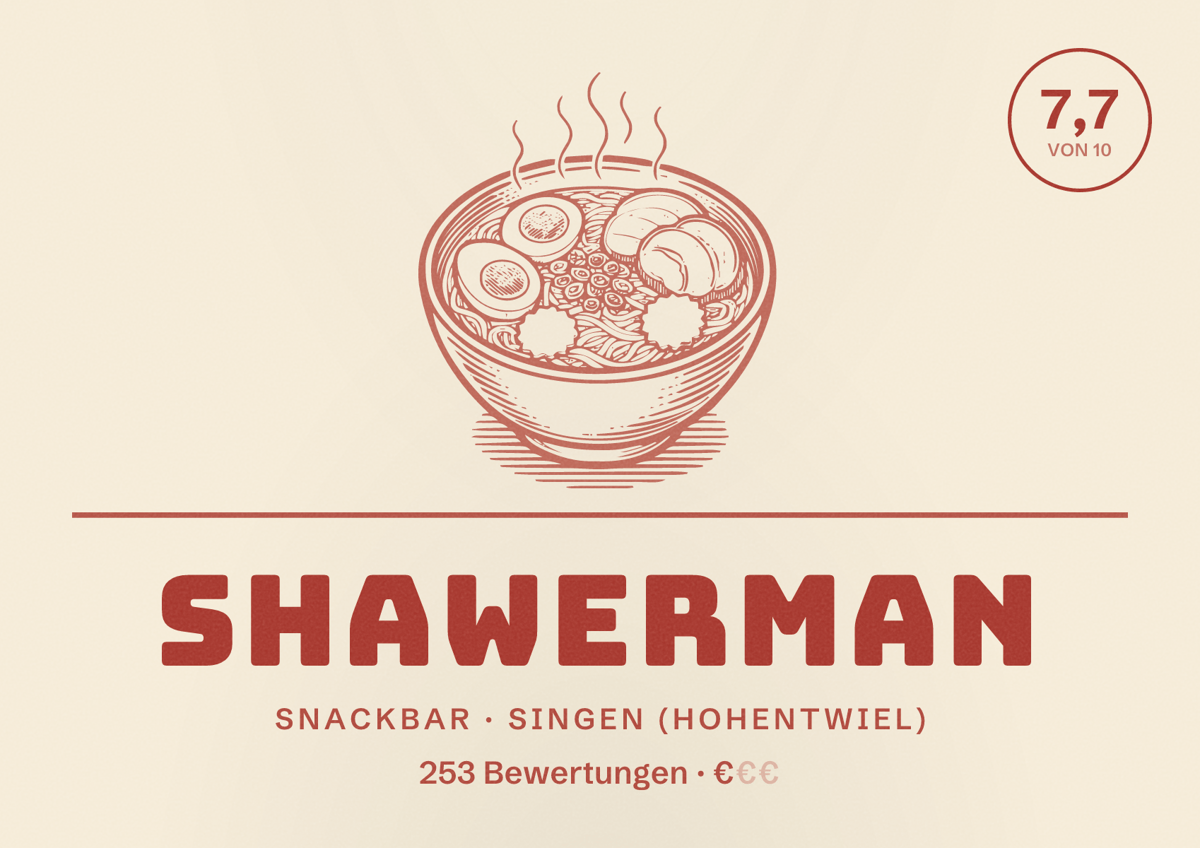 Illustriertes Poster von Shawerman, Snackbar in Singen (Hohentwiel): Bewertung 7,7 von 10 aus 253 Bewertungen, Preisniveau €