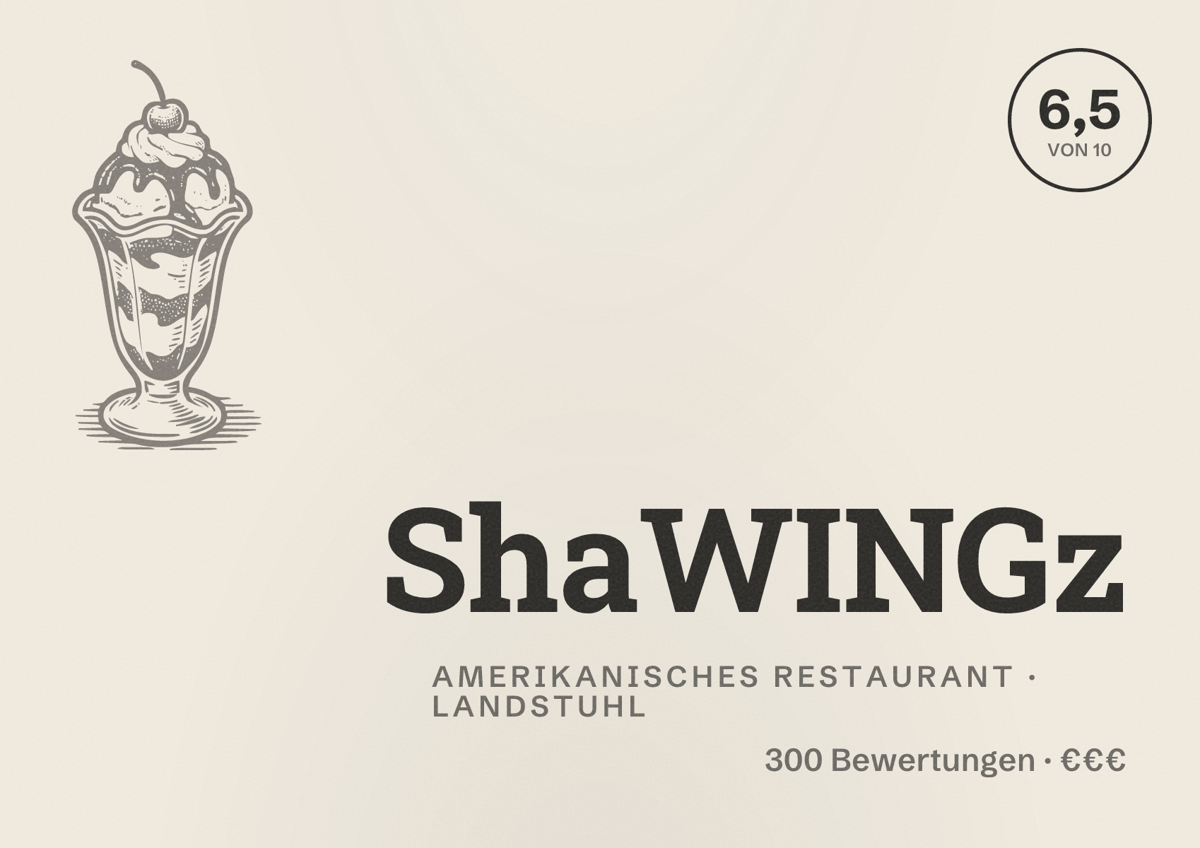 Illustriertes Poster von ShaWINGz, Amerikanisches Restaurant in Landstuhl: Bewertung 6,5 von 10 aus 300 Bewertungen, Preisniveau €€€