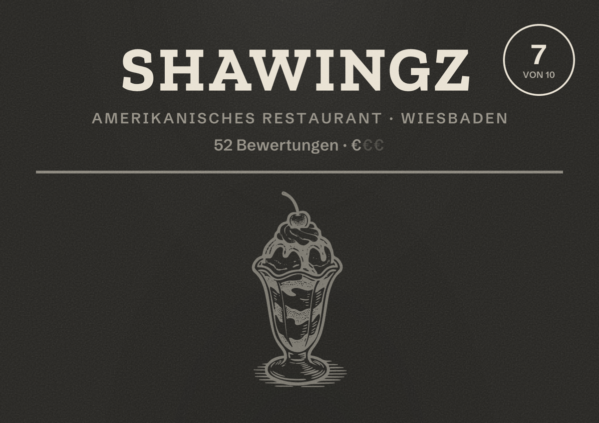 Illustriertes Poster von SHAWINGZ, Amerikanisches Restaurant in Wiesbaden: Bewertung 7,0 von 10 aus 52 Bewertungen, Preisniveau €