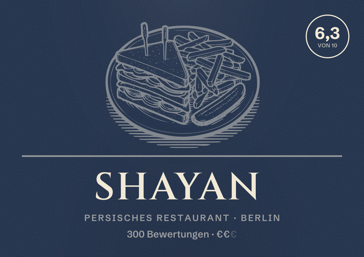 Illustriertes Poster von Shayan, Persisches Restaurant in Berlin: Bewertung 6,3 von 10 aus 300 Bewertungen, Preisniveau €€