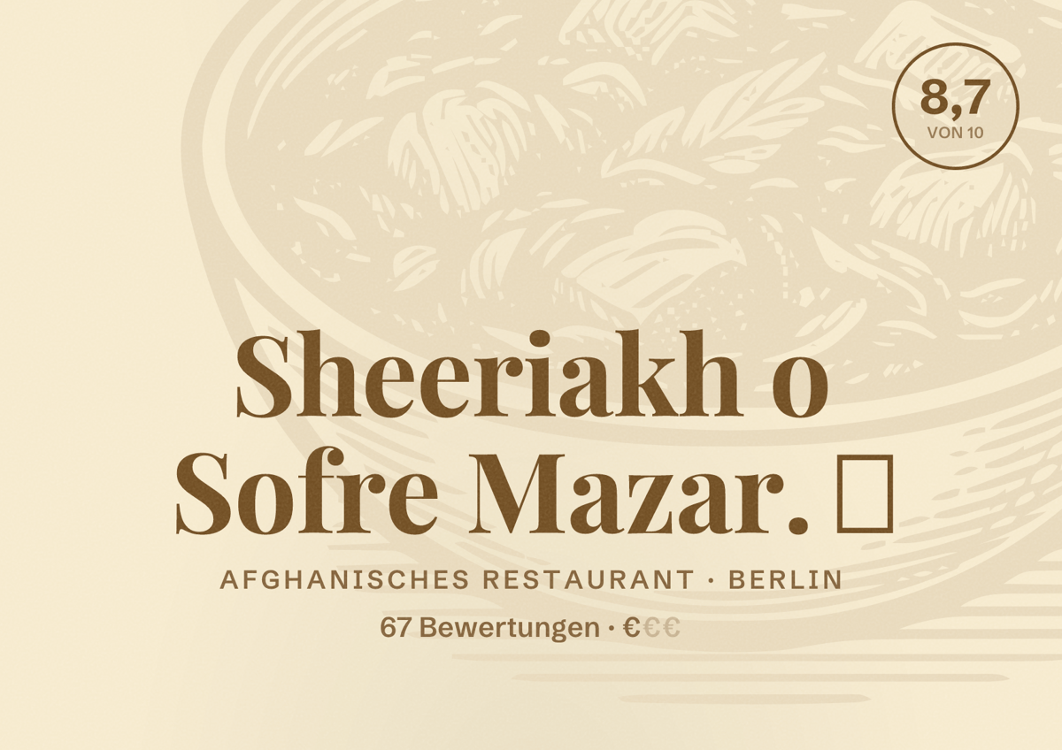 Illustriertes Poster von Sheeriakh o Sofre Mazar. ‌, Afghanisches Restaurant in Berlin: Bewertung 8,7 von 10 aus 67 Bewertungen, Preisniveau €