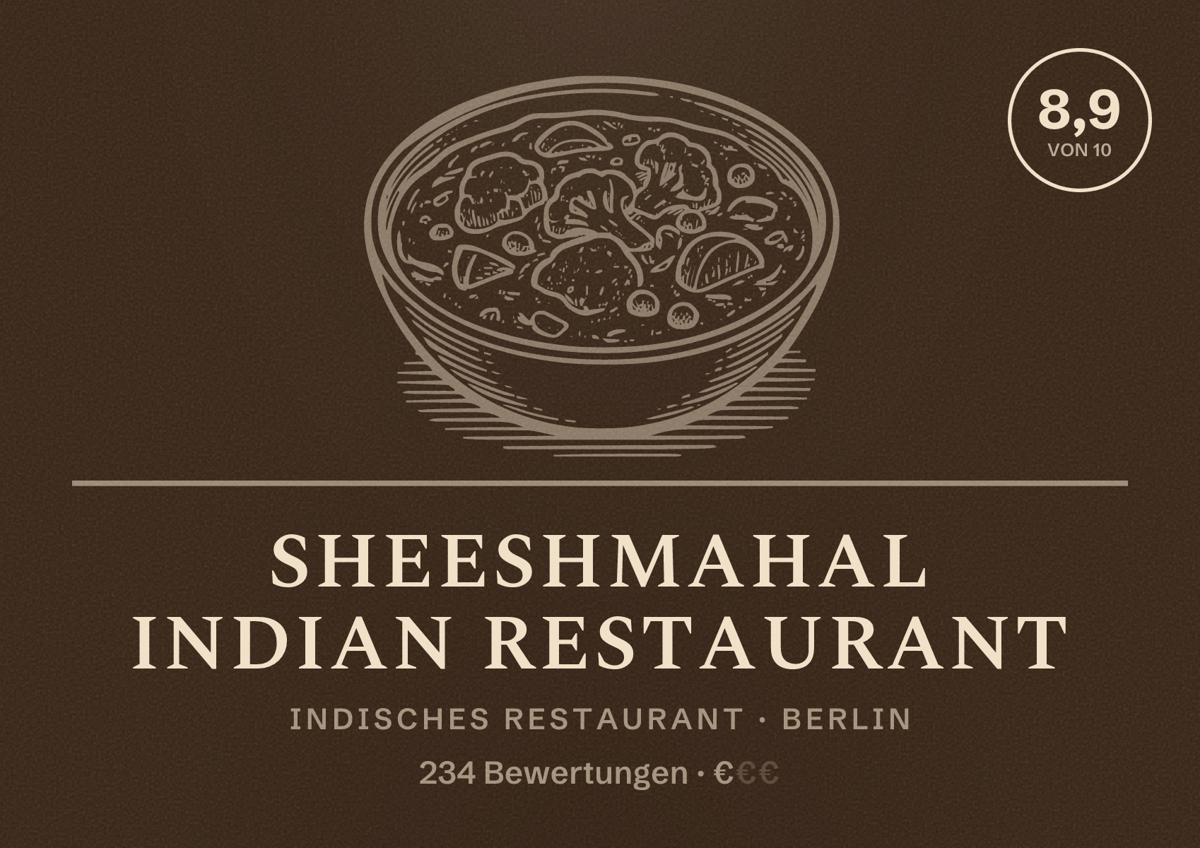 Illustriertes Poster von Sheeshmahal Indian Restaurant, Indisches Restaurant in Berlin: Bewertung 8,9 von 10 aus 234 Bewertungen, Preisniveau €