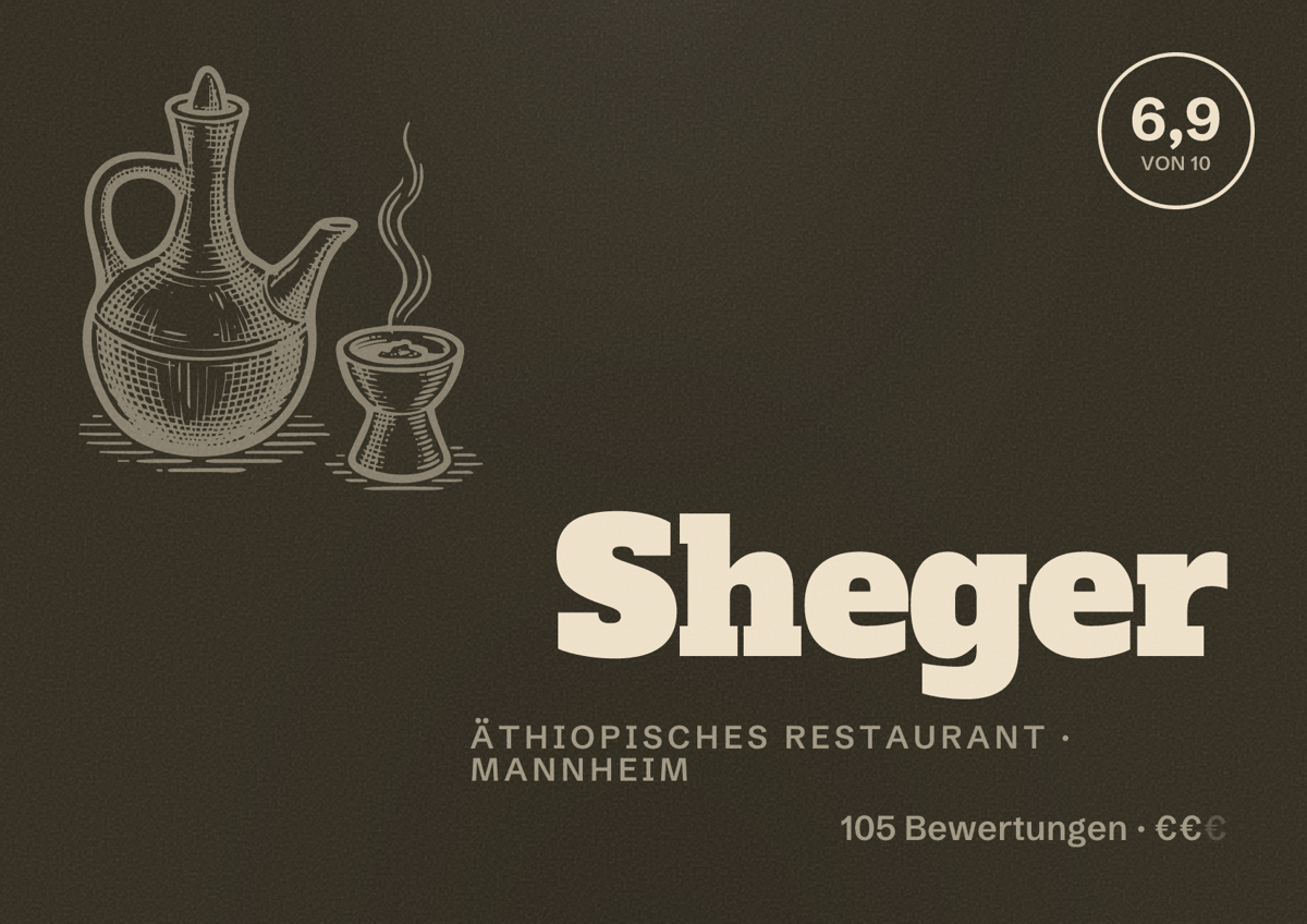 Illustriertes Poster von Sheger, Äthiopisches Restaurant in Mannheim: Bewertung 6,9 von 10 aus 105 Bewertungen, Preisniveau €€