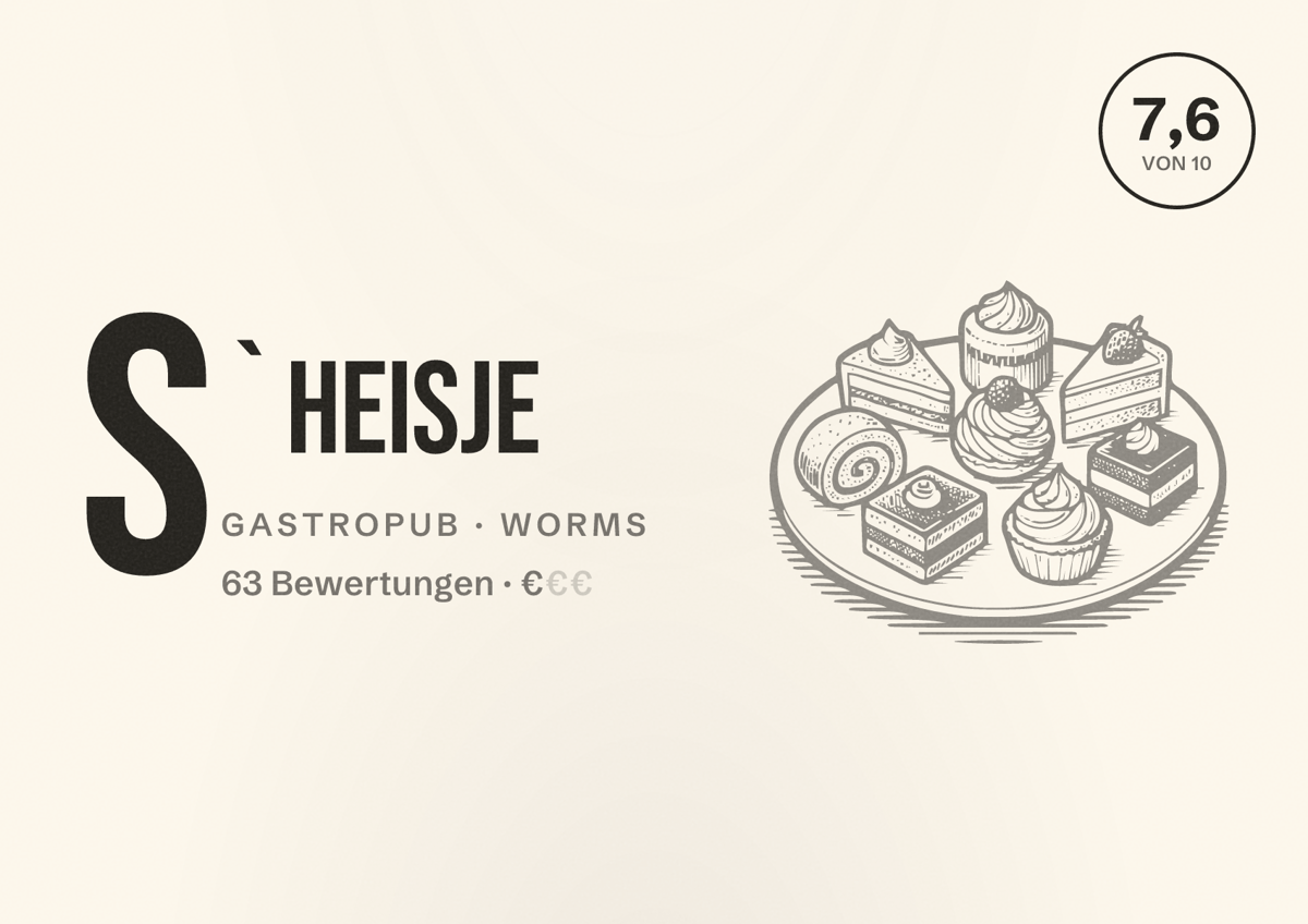 Illustriertes Poster von s`Heisje, Gastropub in Worms: Bewertung 7,6 von 10 aus 63 Bewertungen, Preisniveau €