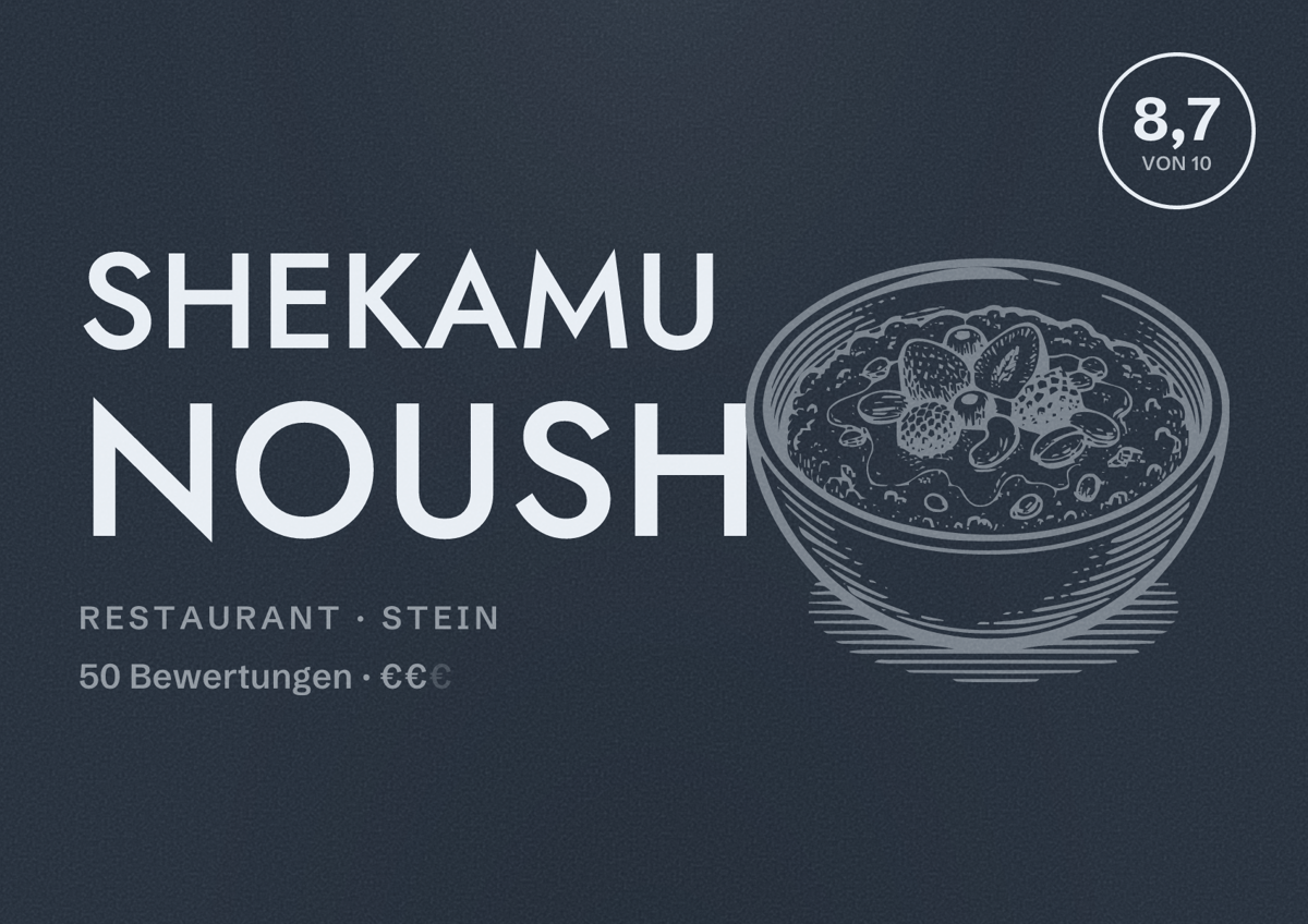 Illustriertes Poster von Shekamu Noush, Restaurant in Stein: Bewertung 8,7 von 10 aus 50 Bewertungen, Preisniveau €€