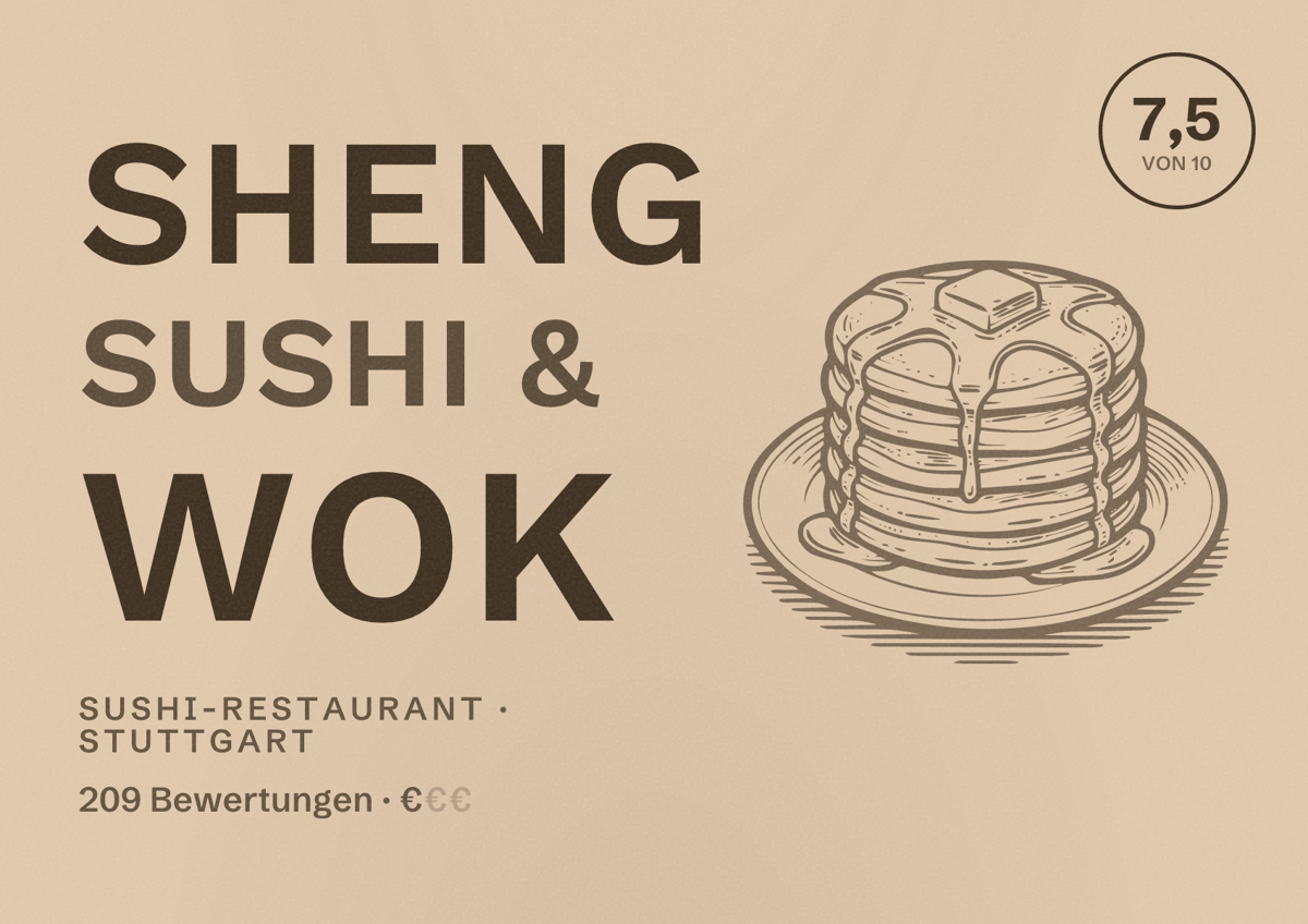 Illustriertes Poster von Sheng Sushi & Wok, Sushi-Restaurant in Stuttgart: Bewertung 7,5 von 10 aus 209 Bewertungen, Preisniveau €