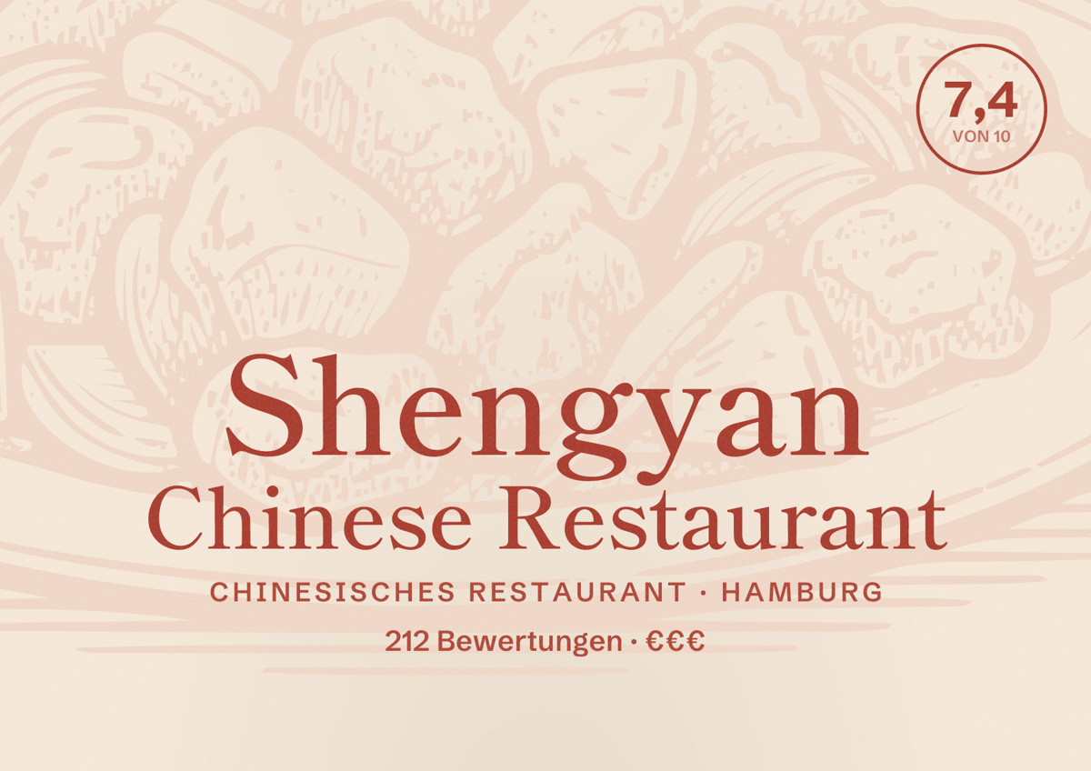 Illustriertes Poster von Shengyan Chinese Restaurant, Chinesisches Restaurant in Hamburg: Bewertung 7,4 von 10 aus 212 Bewertungen, Preisniveau €€€