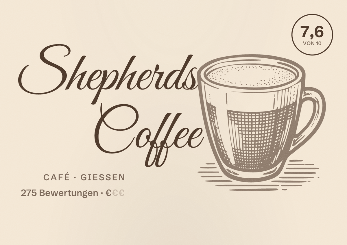 Illustriertes Poster von Shepherds Coffee, Café in Gießen: Bewertung 7,6 von 10 aus 275 Bewertungen, Preisniveau €