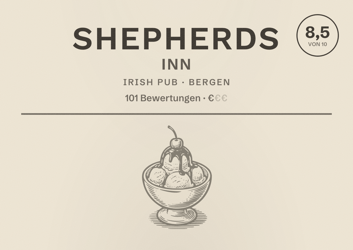 Illustriertes Poster von Shepherds Inn, Irish Pub in Bergen: Bewertung 8,5 von 10 aus 101 Bewertungen, Preisniveau €
