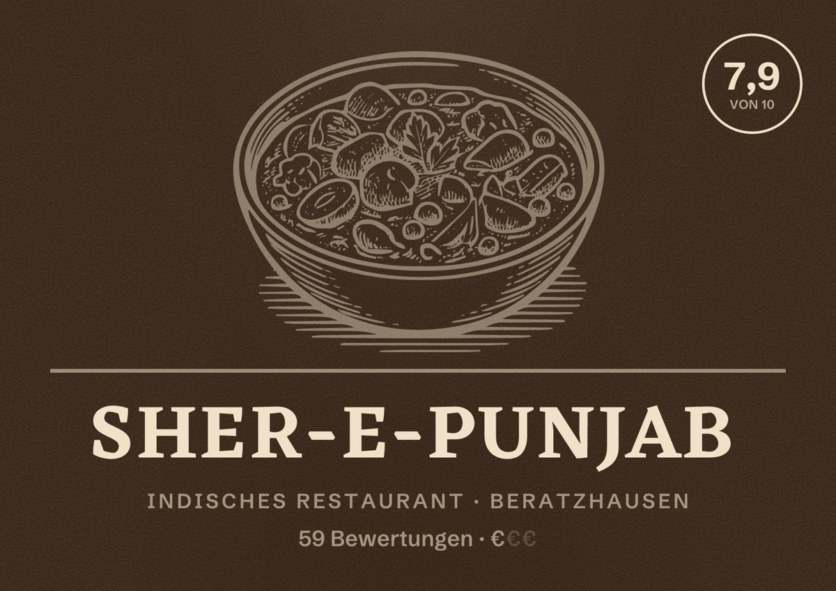 Illustriertes Poster von Sher-e-Punjab, Indisches Restaurant in Beratzhausen: Bewertung 7,9 von 10 aus 59 Bewertungen, Preisniveau €