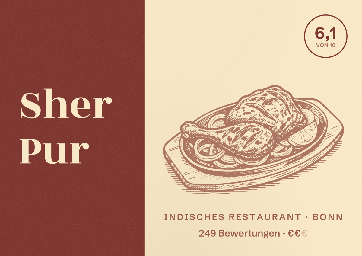 Illustriertes Poster von Sher Pur, Indisches Restaurant in Bonn: Bewertung 6,1 von 10 aus 249 Bewertungen, Preisniveau €€