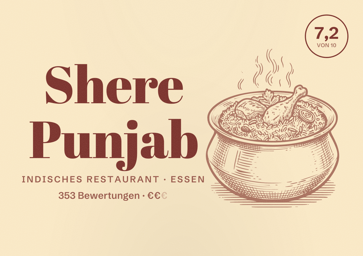 Illustriertes Poster von Shere Punjab, Indisches Restaurant in Essen: Bewertung 7,2 von 10 aus 353 Bewertungen, Preisniveau €€