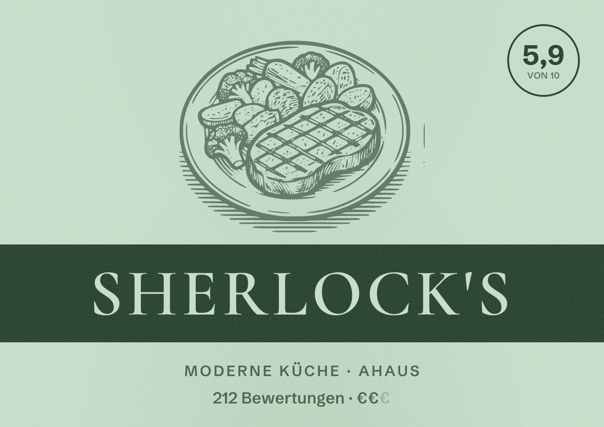 Illustriertes Poster von Sherlock's, Moderne Küche in Ahaus: Bewertung 5,9 von 10 aus 212 Bewertungen, Preisniveau €€