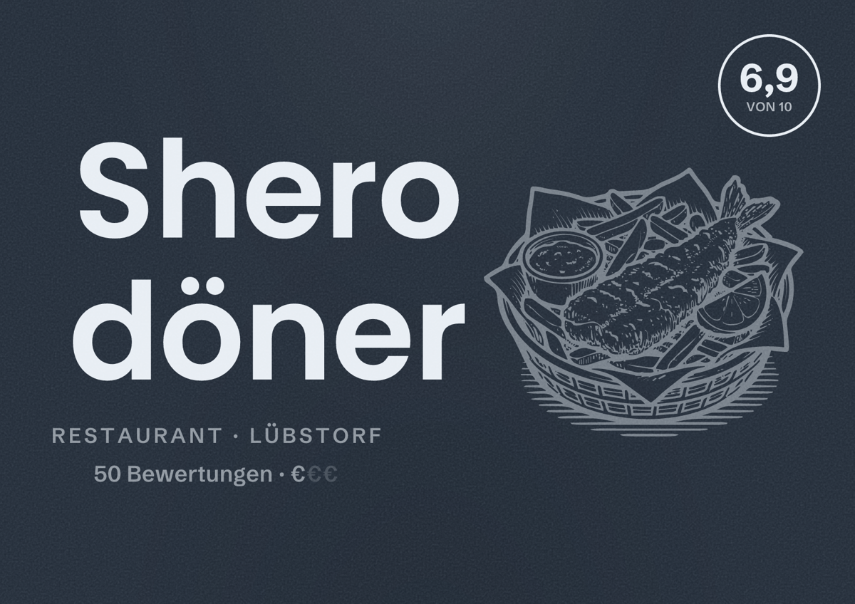 Illustriertes Poster von Shero döner, Restaurant in Lübstorf: Bewertung 6,9 von 10 aus 50 Bewertungen, Preisniveau €