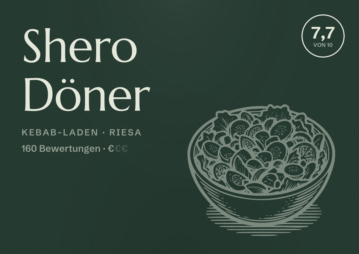 Illustriertes Poster von Shero Döner, Kebab-Laden in Riesa: Bewertung 7,7 von 10 aus 160 Bewertungen, Preisniveau €