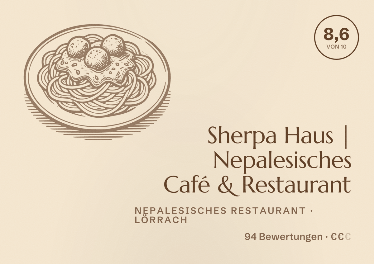 Illustriertes Poster von Sherpa Haus | Nepalesisches Café & Restaurant, Nepalesisches Restaurant in Lörrach: Bewertung 8,6 von 10 aus 94 Bewertungen, Preisniveau €€