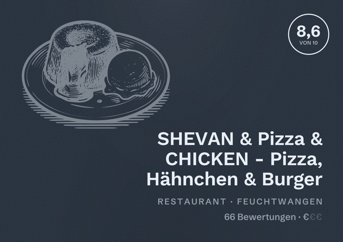 Illustriertes Poster von SHEVAN & Pizza & CHICKEN - Pizza, Hähnchen & Burger, Restaurant in Feuchtwangen: Bewertung 8,6 von 10 aus 66 Bewertungen, Preisniveau €