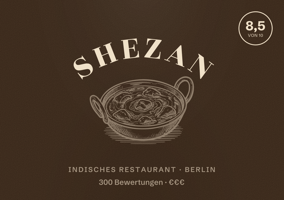 Illustriertes Poster von Shezan, Indisches Restaurant in Berlin: Bewertung 8,5 von 10 aus 300 Bewertungen, Preisniveau €€€