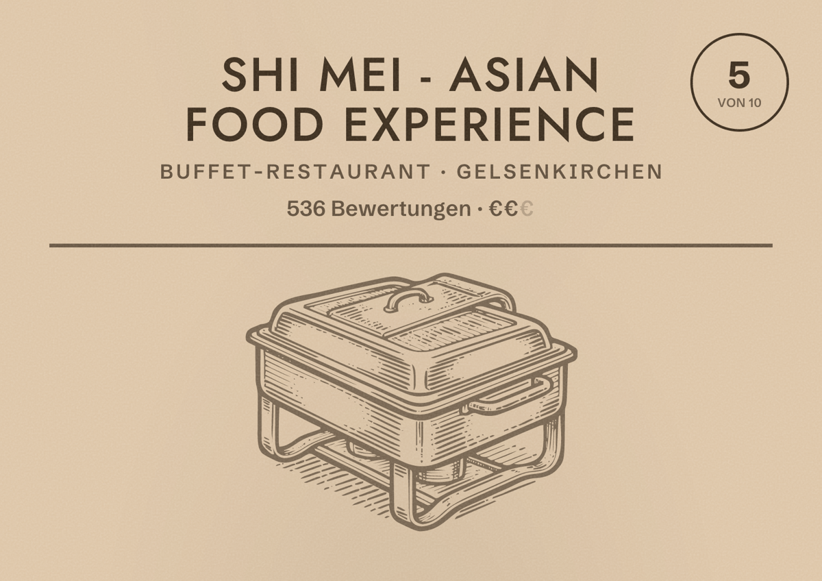 Illustriertes Poster von Shi Mei - Asian Food Experience, Buffet-Restaurant in Gelsenkirchen: Bewertung 5 von 10 aus 536 Bewertungen, Preisniveau €€