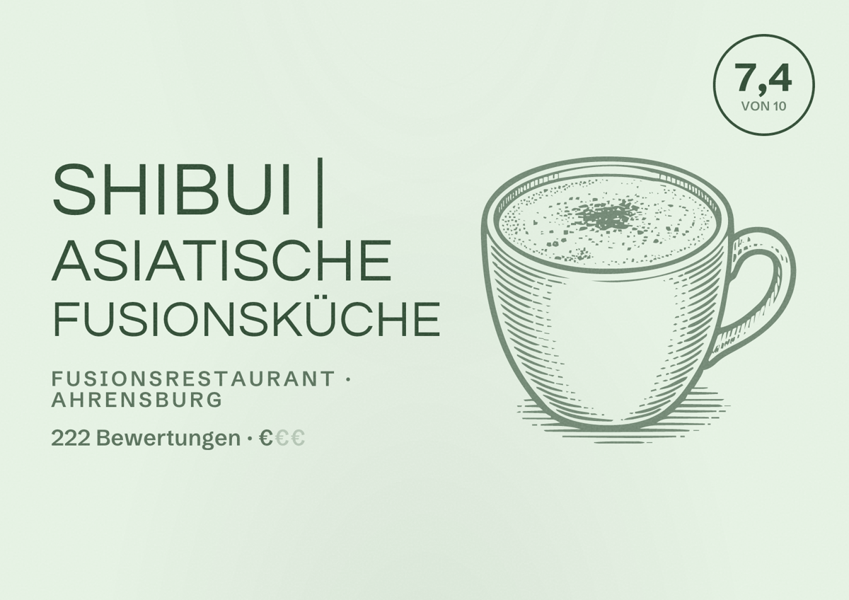 Illustriertes Poster von SHIBUI | Asiatische Fusionsküche, Fusionsrestaurant in Ahrensburg: Bewertung 7,4 von 10 aus 222 Bewertungen, Preisniveau €
