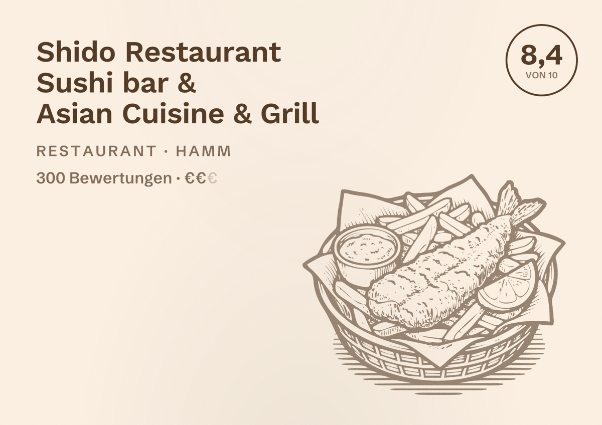 Illustriertes Poster von Shido Restaurant Sushi bar & Asian Cuisine & Grill, Restaurant in Hamm: Bewertung 8,4 von 10 aus 300 Bewertungen, Preisniveau €€