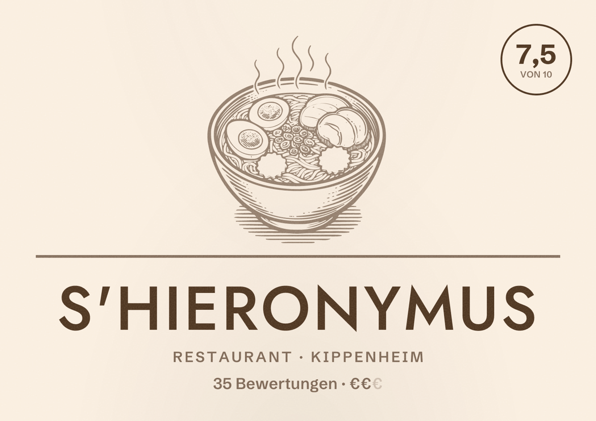 Illustriertes Poster von S'Hieronymus, Restaurant in Kippenheim: Bewertung 7,5 von 10 aus 35 Bewertungen, Preisniveau €€
