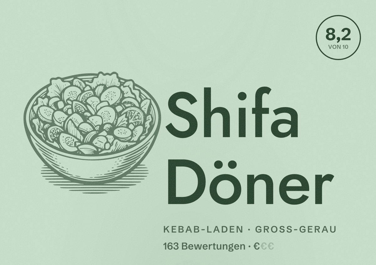 Illustriertes Poster von Shifa Döner, Kebab-Laden in Groß-Gerau: Bewertung 8,2 von 10 aus 163 Bewertungen, Preisniveau €