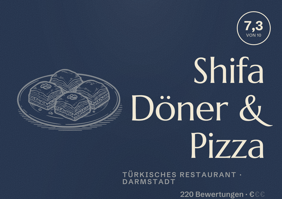 Illustriertes Poster von Shifa Döner & Pizza, Türkisches Restaurant in Darmstadt: Gästebewertung 7,3 von 10 aus 220 Bewertungen