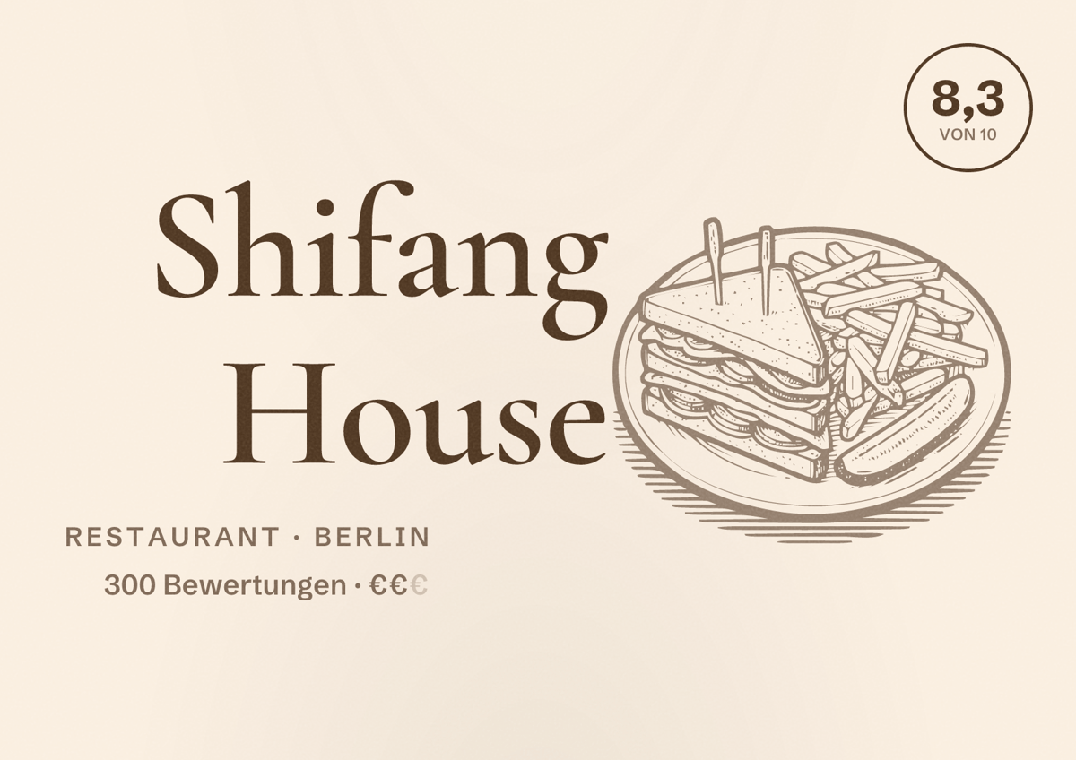 Illustriertes Poster von Shifang House, Restaurant in Berlin: Bewertung 8,3 von 10 aus 300 Bewertungen, Preisniveau €€