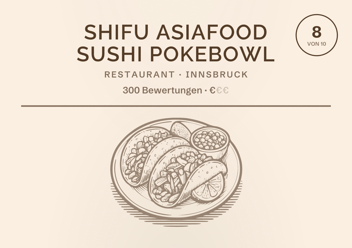 Illustriertes Poster von Shifu Asiafood Sushi Pokebowl, Restaurant in Innsbruck: Bewertung 8 von 10 aus 300 Bewertungen, Preisniveau €