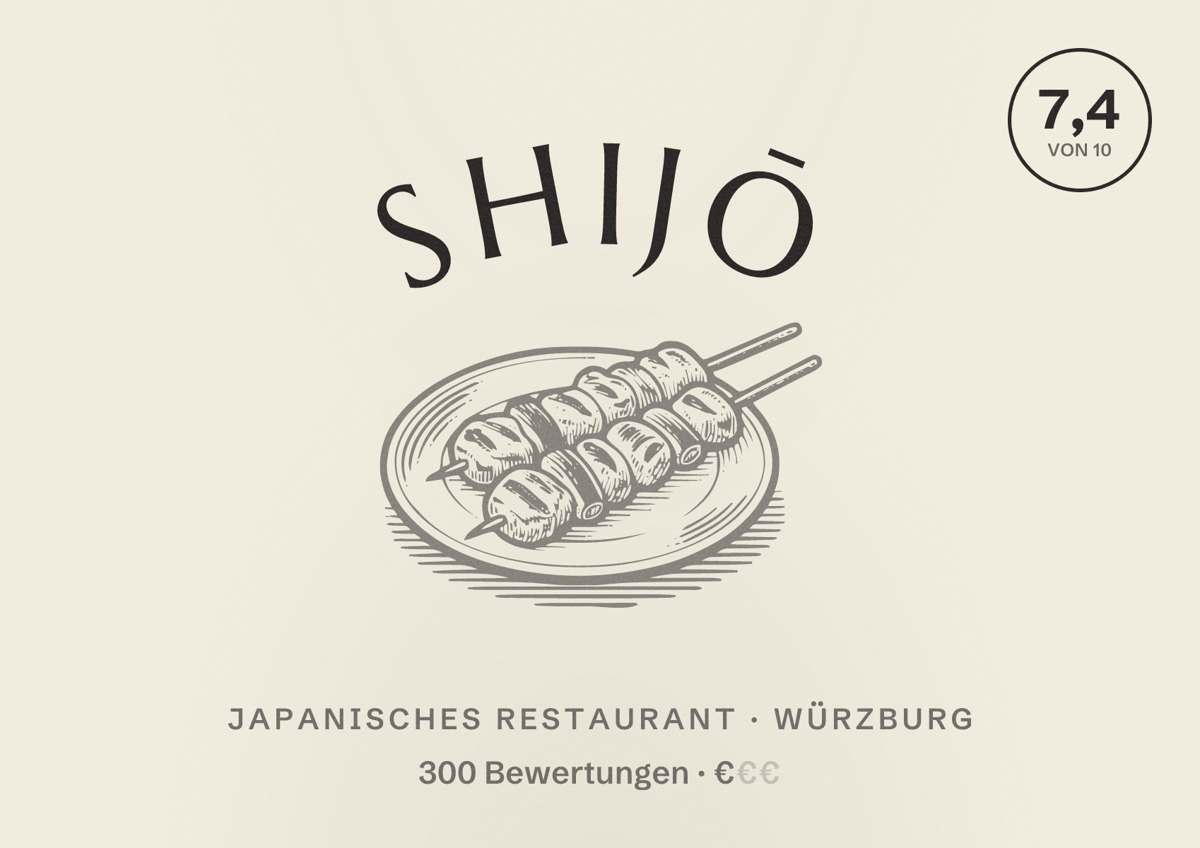 Illustriertes Poster von Shijō, Japanisches Restaurant in Würzburg: Bewertung 7,4 von 10 aus 300 Bewertungen, Preisniveau €