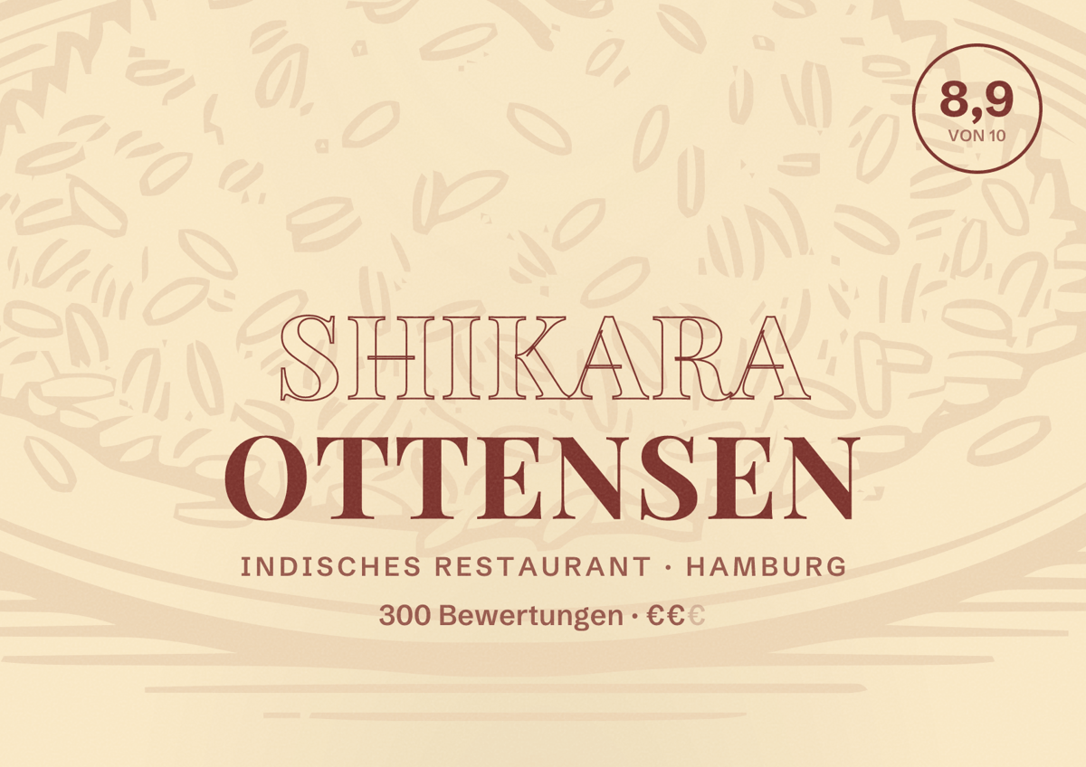 Illustriertes Poster von Shikara Ottensen, Indisches Restaurant in Hamburg: Bewertung 8,9 von 10 aus 300 Bewertungen, Preisniveau €€