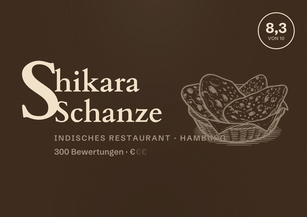 Illustriertes Poster von Shikara Schanze, Indisches Restaurant in Hamburg: Bewertung 8,3 von 10 aus 300 Bewertungen, Preisniveau €