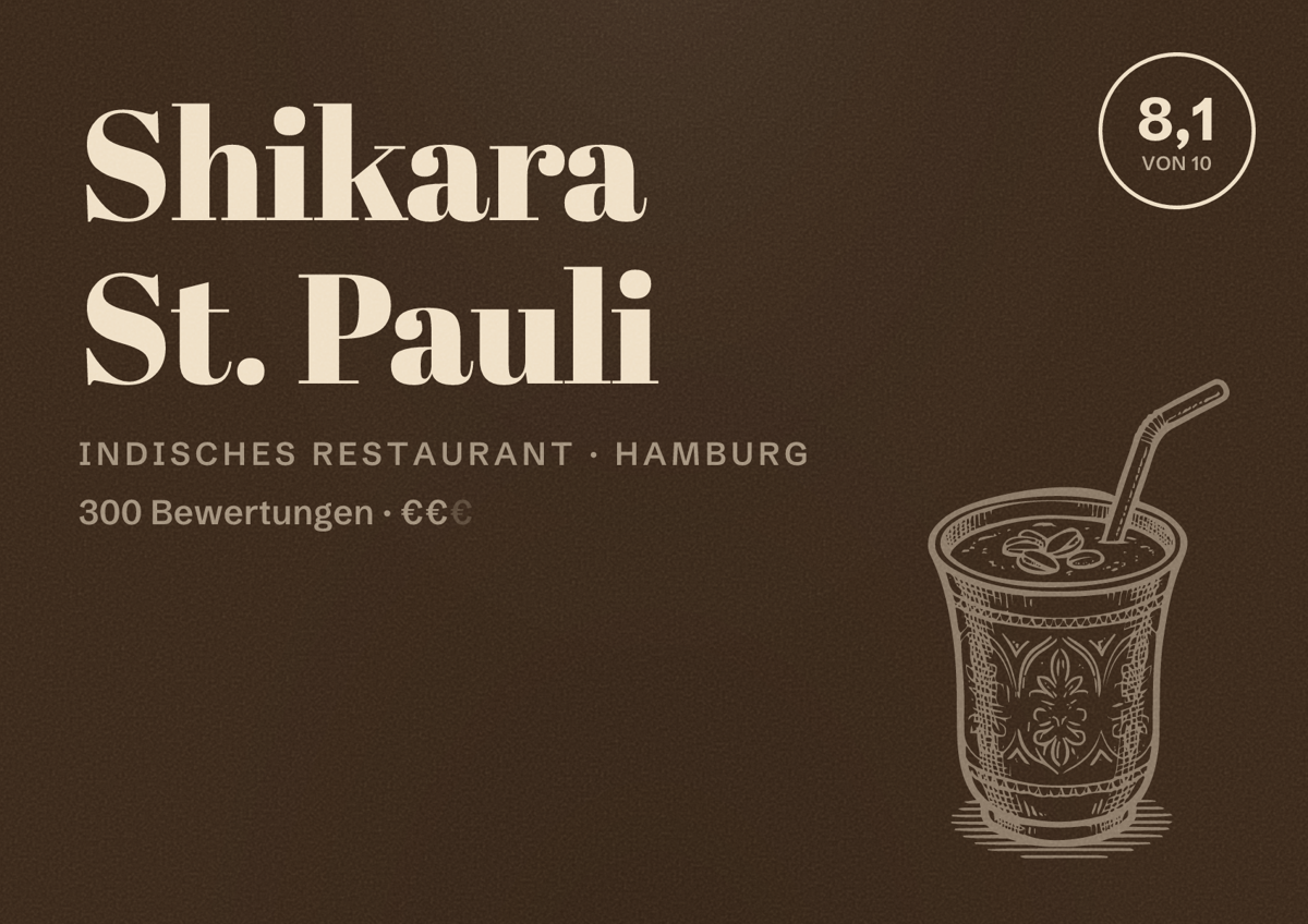 Illustriertes Poster von Shikara St. Pauli, Indisches Restaurant in Hamburg: Bewertung 8,1 von 10 aus 300 Bewertungen, Preisniveau €€