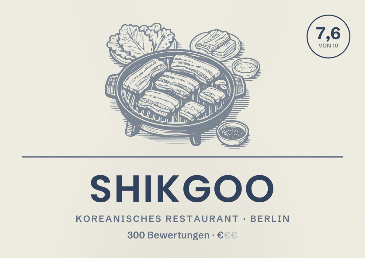 Illustriertes Poster von Shikgoo, Koreanisches Restaurant in Berlin: Bewertung 7,6 von 10 aus 300 Bewertungen, Preisniveau €