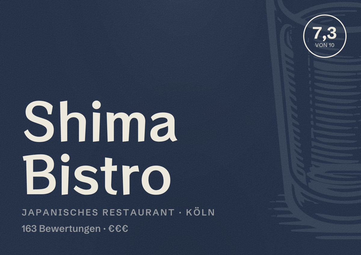 Illustriertes Poster von Shima Bistro, Japanisches Restaurant in Köln: Bewertung 7,3 von 10 aus 163 Bewertungen, Preisniveau €€€