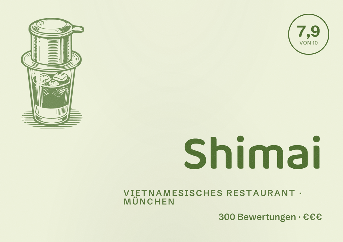 Illustriertes Poster von Shimai, Vietnamesisches Restaurant in München: Bewertung 7,9 von 10 aus 300 Bewertungen, Preisniveau €€€