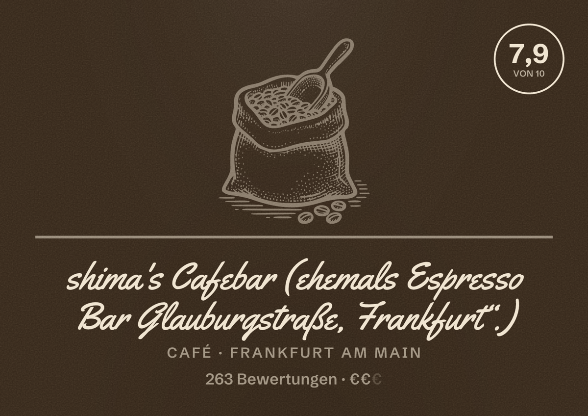 Illustriertes Poster von shima's Cafebar (ehemals Espresso Bar Glauburgstraße, Frankfurt“.), Café in Frankfurt am Main: Bewertung 7,9 von 10 aus 263 Bewertungen, Preisniveau €€