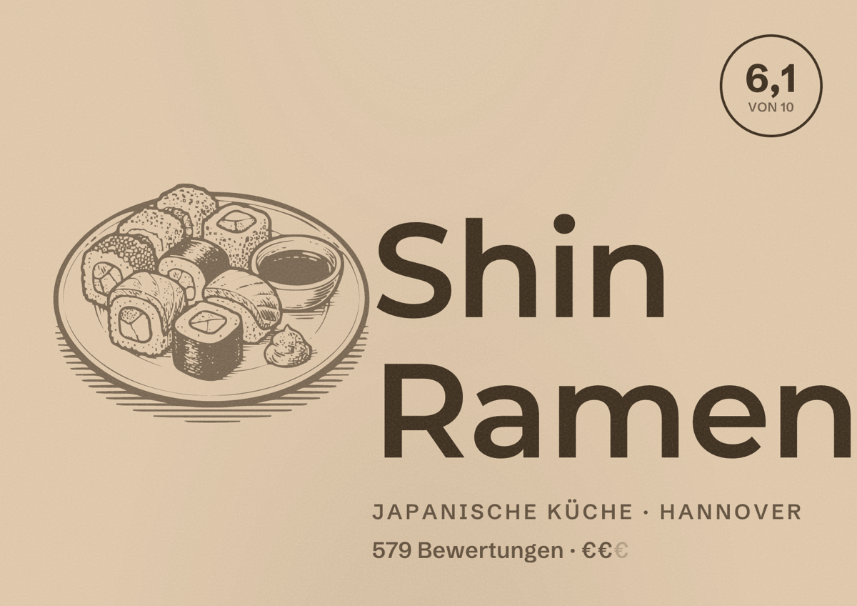 Illustriertes Poster von Shin Ramen, Japanische Küche in Hannover: Gästebewertung 6,1 von 10 aus 579 Bewertungen