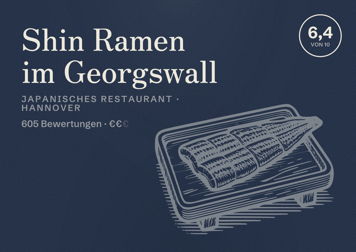 Illustriertes Poster von Shin Ramen im Georgswall, Japanisches Restaurant in Hannover: Gästebewertung 6,4 von 10 aus 605 Bewertungen