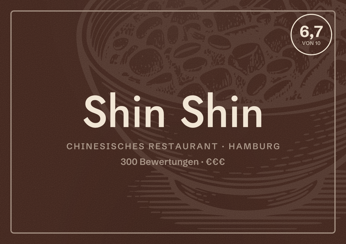 Illustriertes Poster von Shin Shin, Chinesisches Restaurant in Hamburg: Bewertung 6,7 von 10 aus 300 Bewertungen, Preisniveau €€€