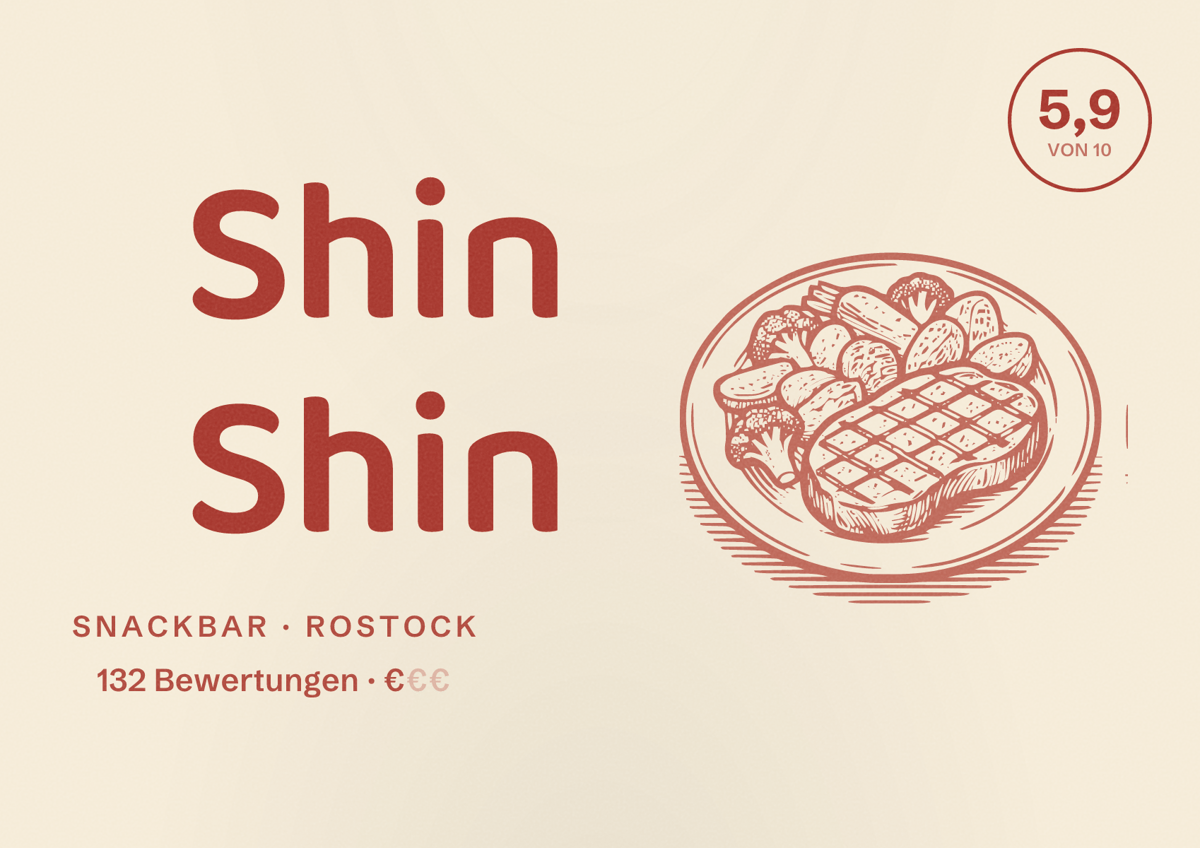 Illustriertes Poster von Shin Shin, Snackbar in Rostock: Bewertung 5,9 von 10 aus 132 Bewertungen, Preisniveau €