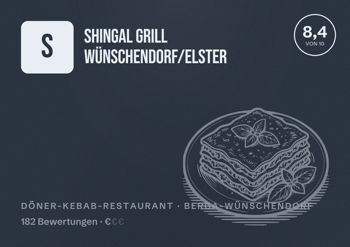 Illustriertes Poster von Shingal Grill Wünschendorf/Elster, Döner-Kebab-Restaurant in Berga-Wünschendorf: Bewertung 8,4 von 10 aus 182 Bewertungen, Preisniveau €