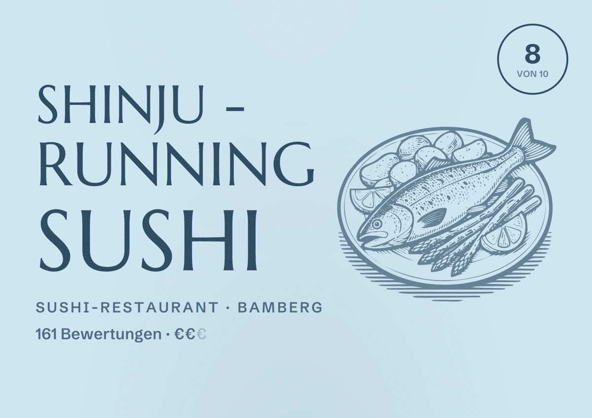 Illustriertes Poster von Shinju - Running Sushi, Sushi-Restaurant in Bamberg: Bewertung 8 von 10 aus 161 Bewertungen, Preisniveau €€