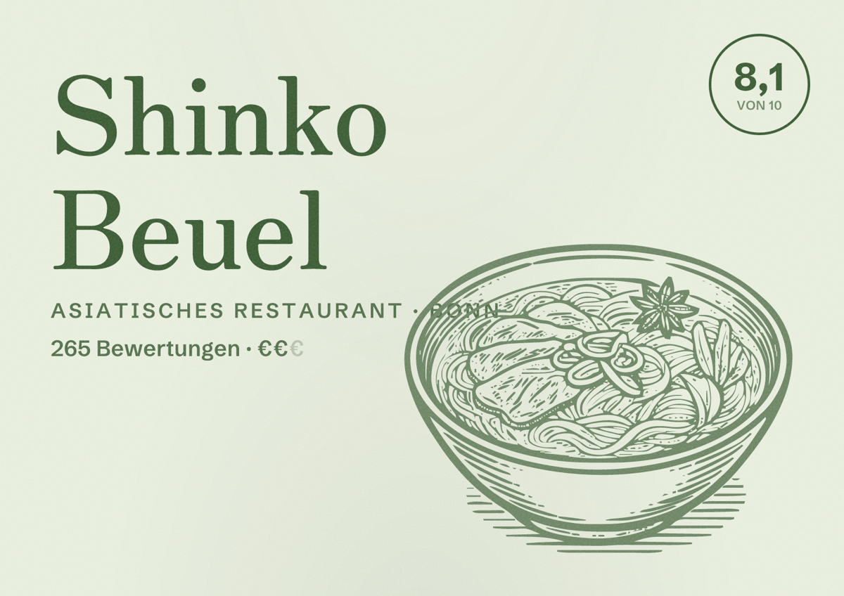 Illustriertes Poster von Shinko Beuel, Asiatisches Restaurant in Bonn: Bewertung 8,1 von 10 aus 265 Bewertungen, Preisniveau €€